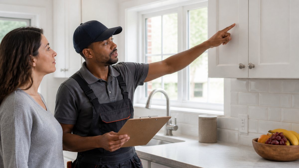Professional handyman reviewing a clipboard with a homeowner in a kitchen to illustrate handyman vs general contractor.