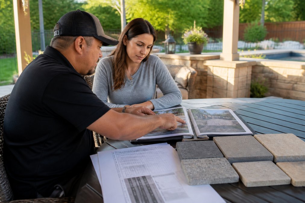 Homeowner and hardscape contractor reviewing paver samples and project portfolio photos with documentation spread across a table in natural sunlight