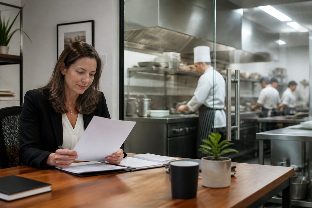 A recruitment consultant in a bright modern office reviewing a CV on a laptop, with a head chef in whites visible through a glass door to a busy professional kitchen behind them