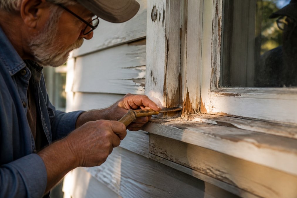 Close-up of a craftsman's hands repairing a wooden window frame on a historic house, using period-appropriate hand tools in warm afternoon light