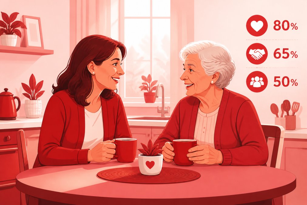 An adult daughter sitting at a kitchen table with her elderly mother, both smiling warmly during a calm, supportive conversation over coffee cups in a sunlit kitchen