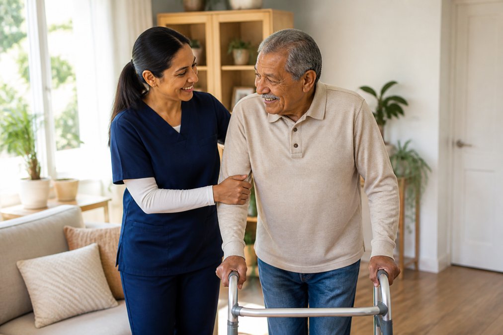 A professional female caregiver gently assisting a smiling elderly man with a walker in a bright, comfortable home living room with warm natural light and houseplants in the background