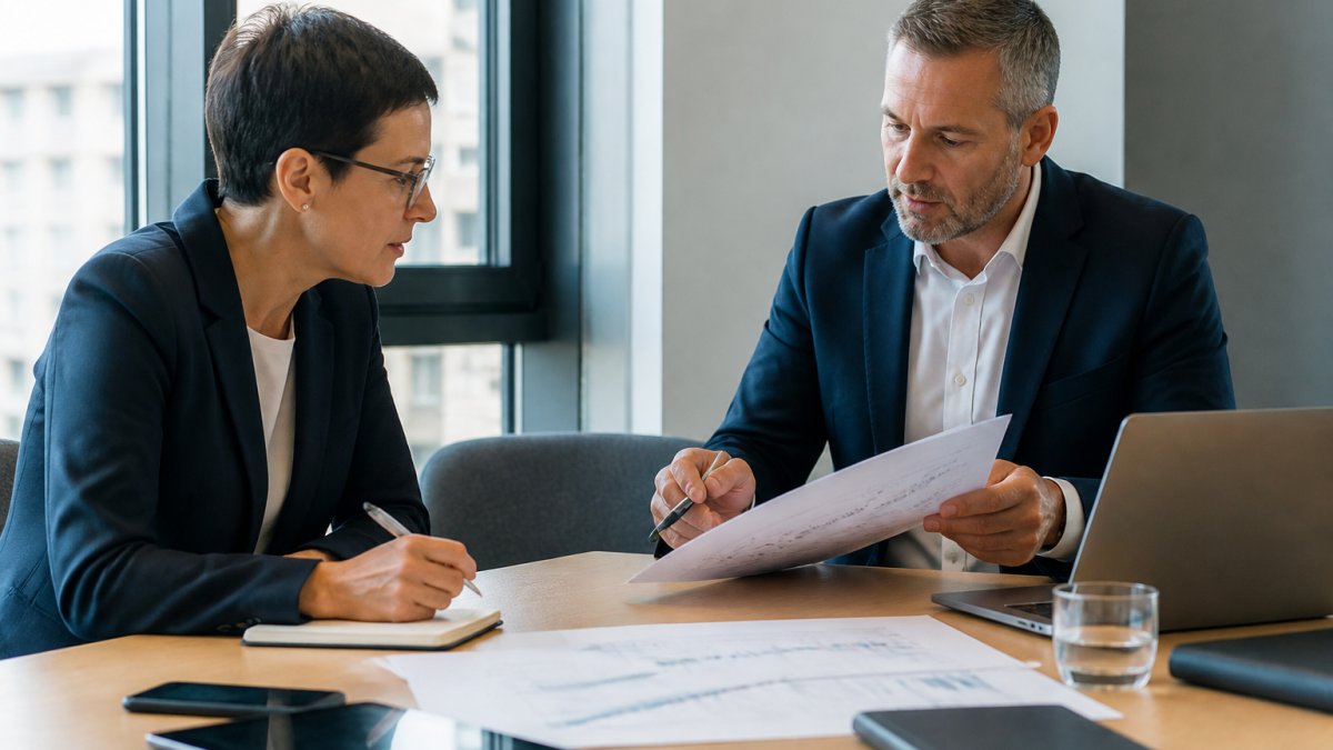 Two senior business professionals in a bright meeting room, one presenting a programme roadmap on paper while the other takes notes, laptops open between them