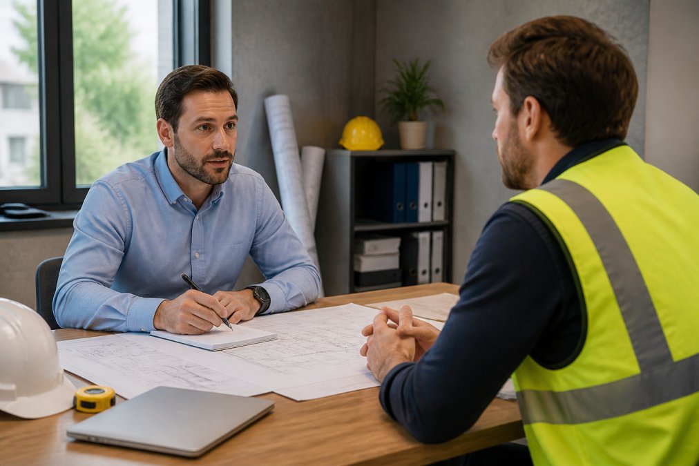 Professional hiring manager conducting structured interview with construction project manager candidate in office setting with blueprints and site plans visible on table, natural window lighting