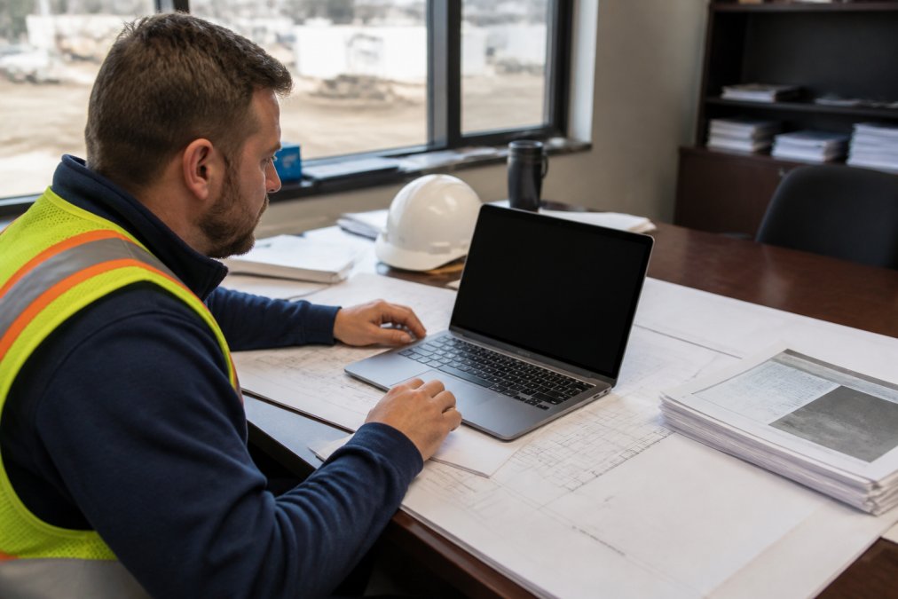 Project manager reviewing construction site plans and scheduling timeline on laptop at desk with printed blueprints and project documentation, natural office lighting