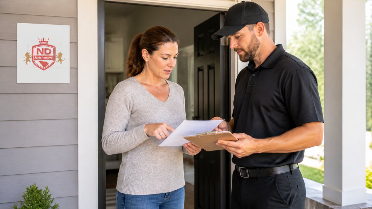 Homeowner reviewing credentials while hiring insured junk removal services at their front door