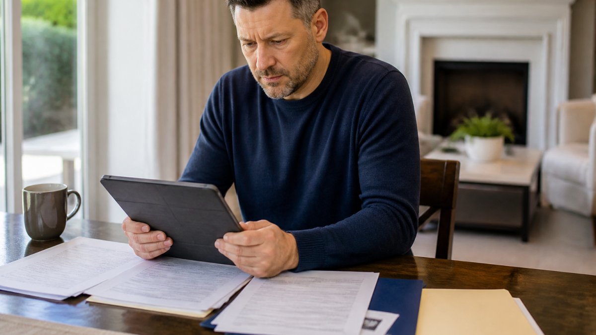Homeowner reviewing insurance certificate documents and credentials on tablet while sitting at home with papers spread on table