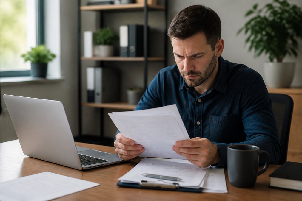 Business owner reviewing a certificate of insurance document at a desk with laptop open, examining contractor's bonding and liability coverage details under office lighting