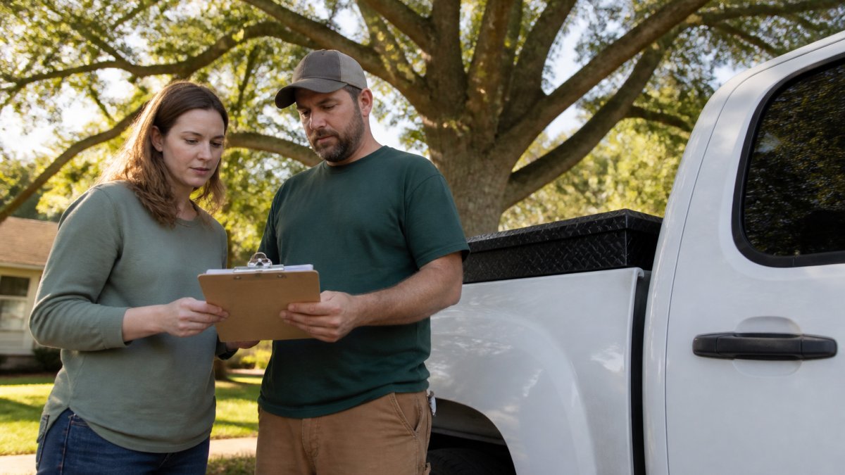 A homeowner and a tree care professional reviewing a certificate of insurance on a clipboard next to a white pickup truck, with a large oak tree in the background under soft afternoon light