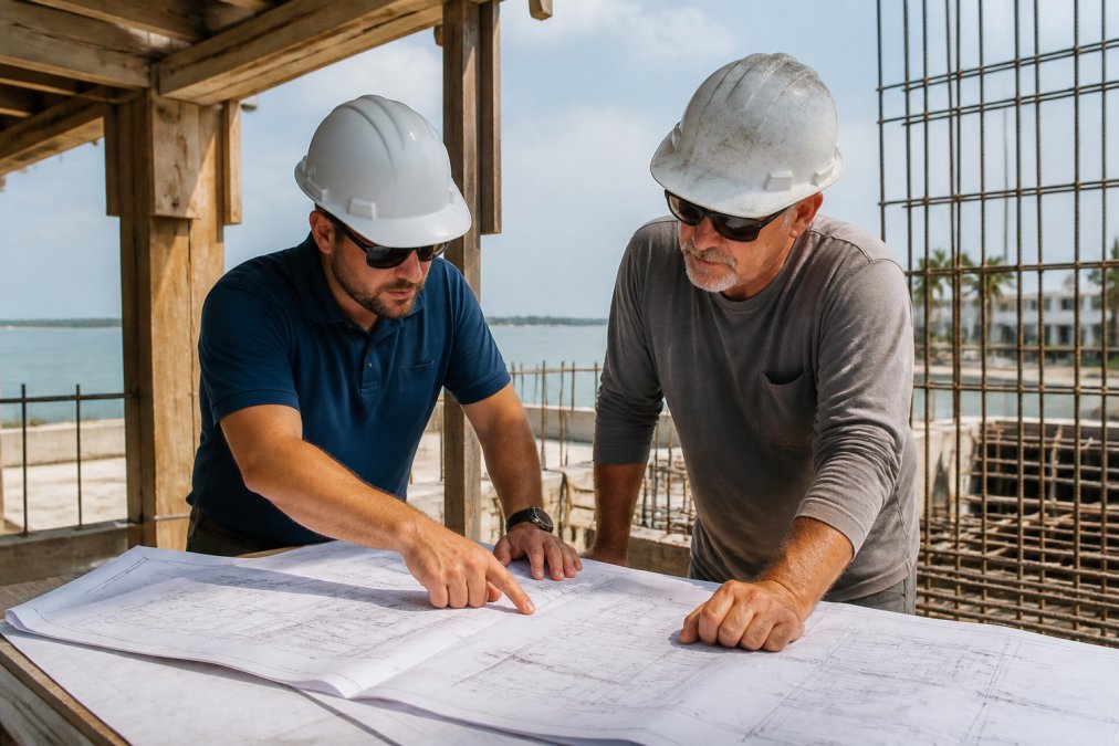 Engineer and supervisor reviewing structural blueprints while hiring integrated engineering firms for a coastal build.