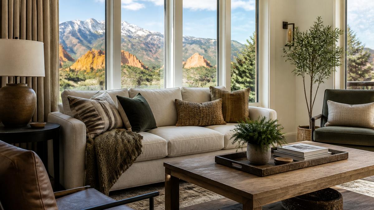 A bright Colorado Springs living room styled by a local designer, with a linen sofa, layered textiles, a wood coffee table, and Pikes Peak visible through large windows