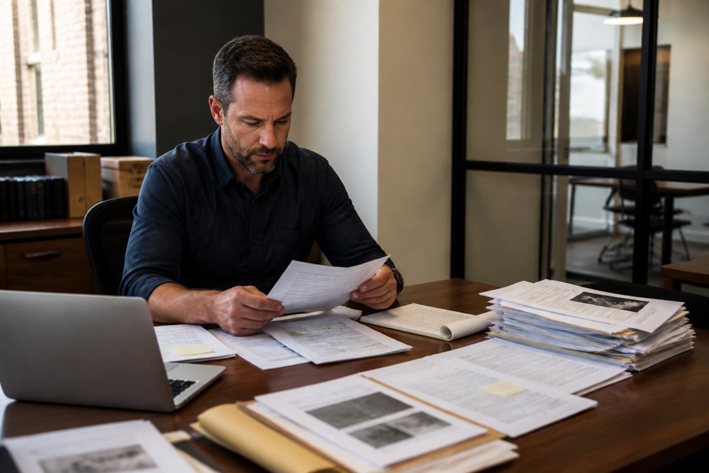Legal investigator reviewing case files and documents for trial preparation in a sunny office