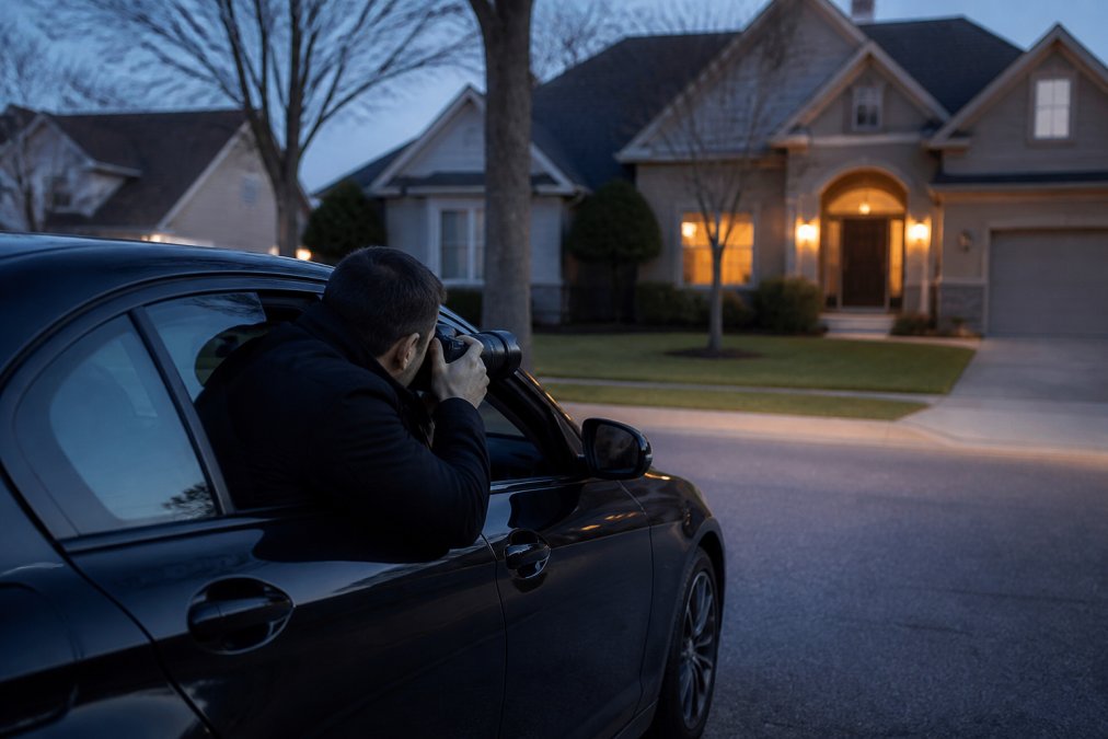 A private investigator in a dark sedan parked on a residential street at dusk, holding a camera with a long lens, watching a house entrance from a distance