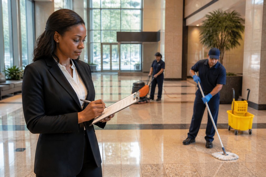 Property manager reviewing a checklist as a crew provides janitorial services in a commercial building lobby.