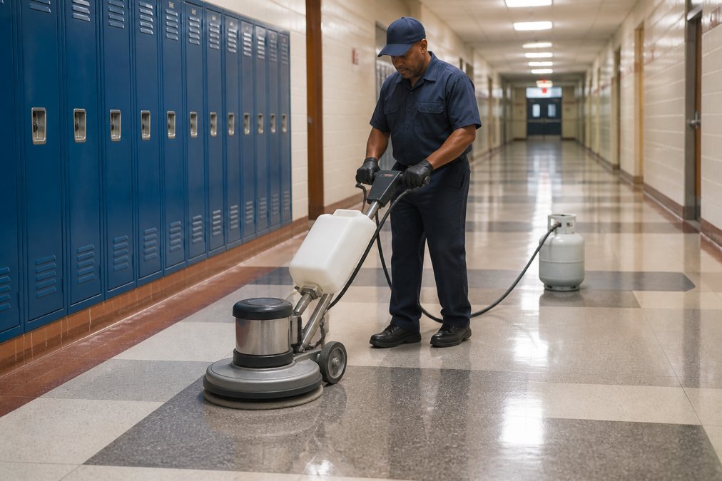 Professional custodian using propane buffer on school hallway with VCT tiles, demonstrating proper technique with equipment in well-lit corridor with rows of lockers visible