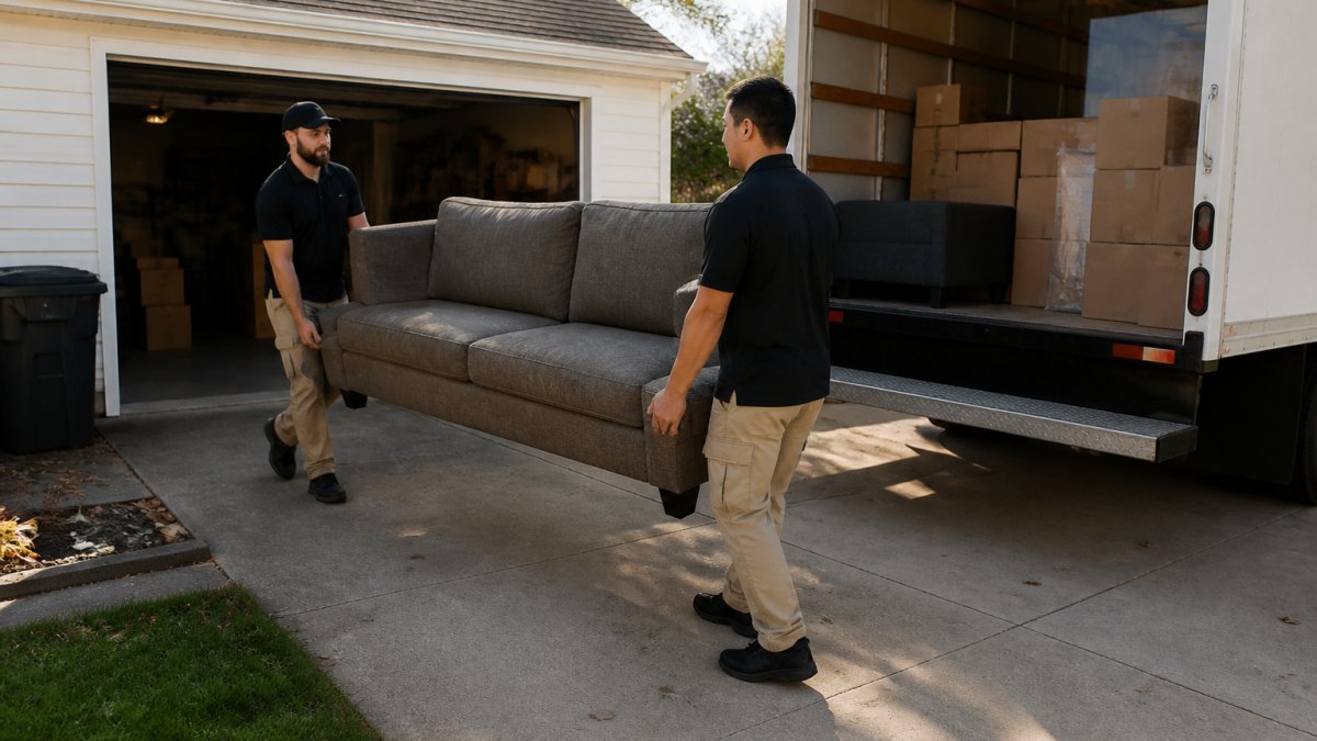 A two-person junk removal crew carrying an old sofa and stacked cardboard boxes out of a residential garage toward a box truck parked in the driveway, morning light
