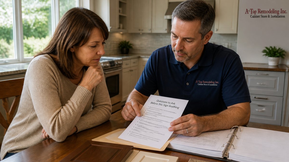 A homeowner sitting at a kitchen table with a contractor, both looking at a printed list of questions and a folder of documents, natural daylight through the window
