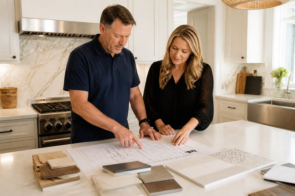 A contractor and homeowner reviewing kitchen renovation plans and material samples spread across a kitchen island in a bright home