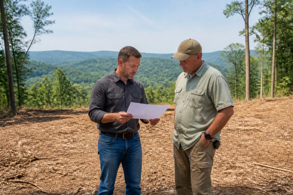 A property owner and land management professional standing on cleared land reviewing a property assessment document together, with improved sightlines and accessible terrain visible in the background, natural outdoor lighting