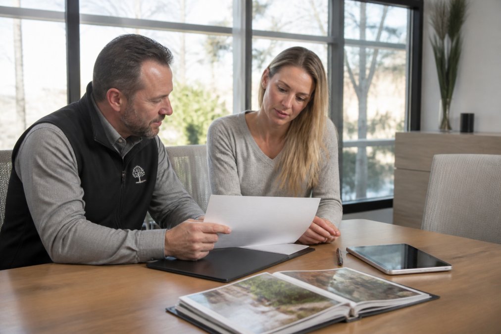 A property manager and a landscape contractor reviewing a printed contract at a conference table, tablet and pen beside a folder of site photos, soft daylight through office windows