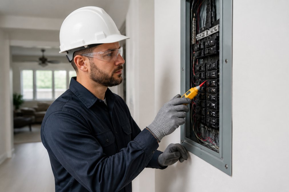A professional electrician in a clean uniform and safety gear working on a modern electrical panel in a bright residential setting, holding a voltage tester