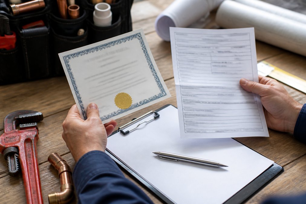 Close-up of hands holding a plumbing license certificate and insurance documentation on a desk with a clipboard and pen, natural office lighting
