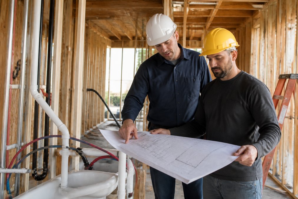 Professional plumber in work uniform and hard hat reviewing blueprints on a construction job site with another team member, natural daylight