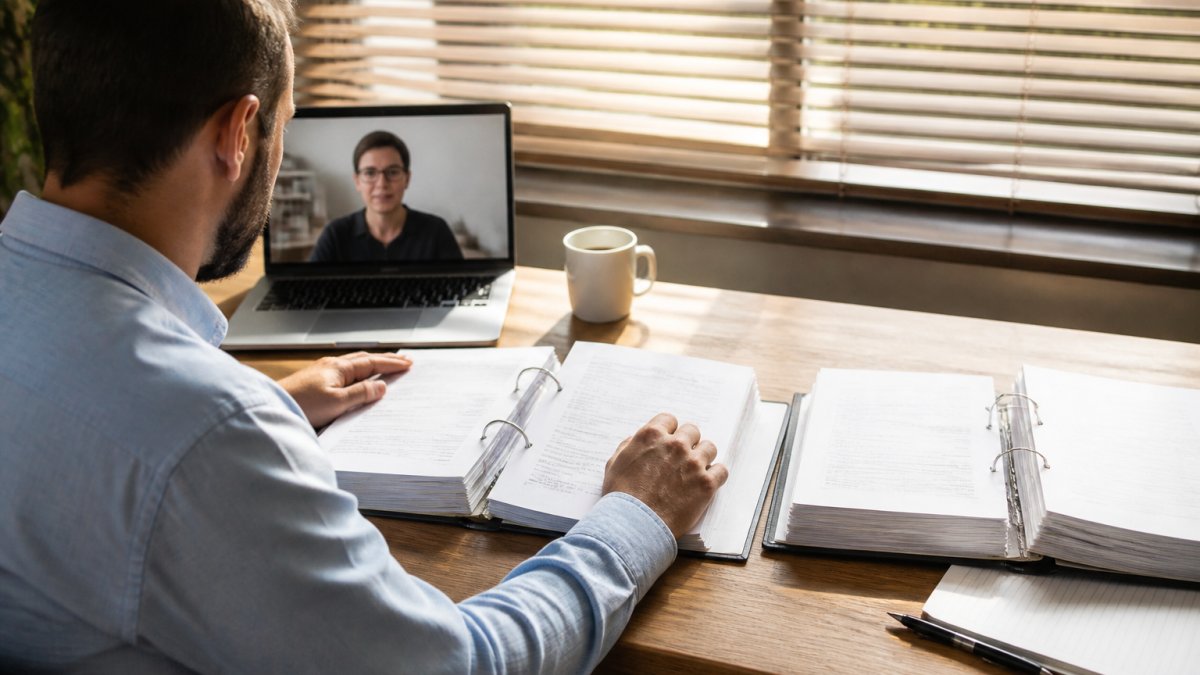 A small business owner at a wooden desk comparing two open accounting folders of paperwork while a video call with an advisor runs on a laptop beside a coffee cup, warm afternoon light through office blinds