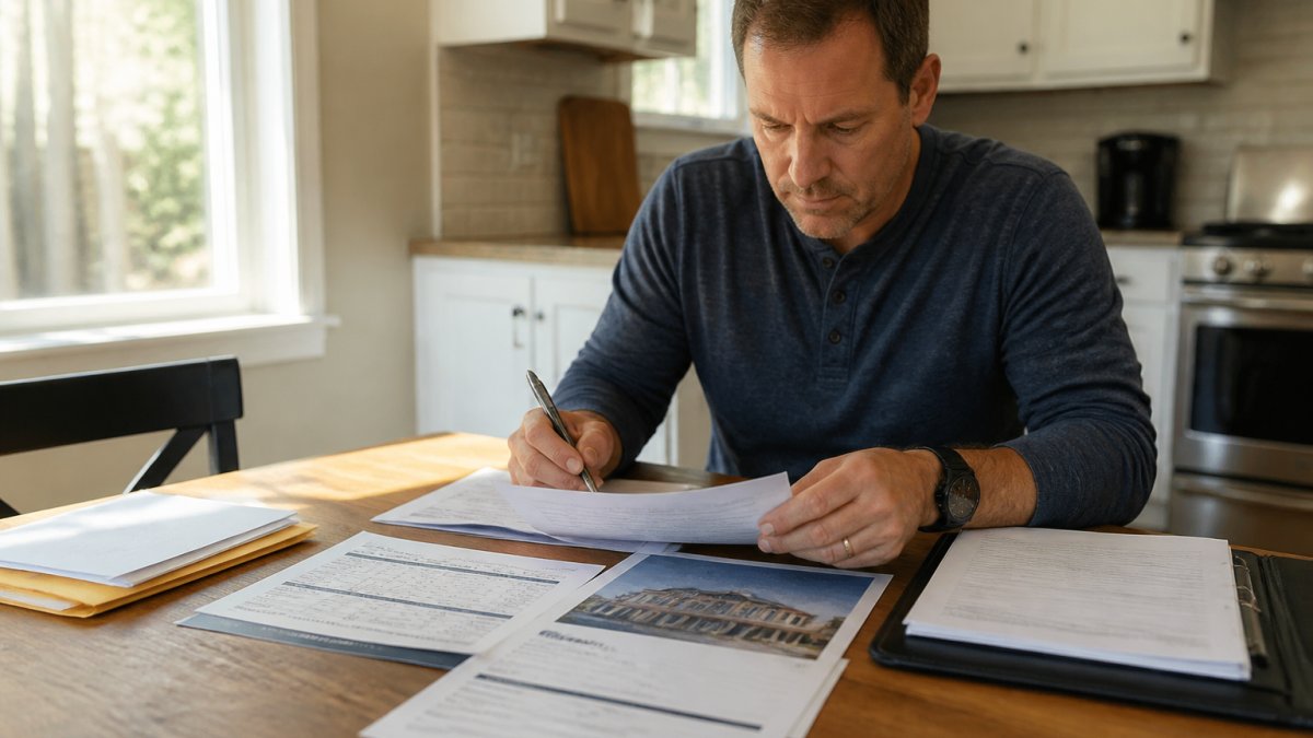 Homeowner sitting at kitchen table reviewing contractor checklist, estimates, and contract documents with pen in hand, natural sunlight from window, professional documents spread across surface