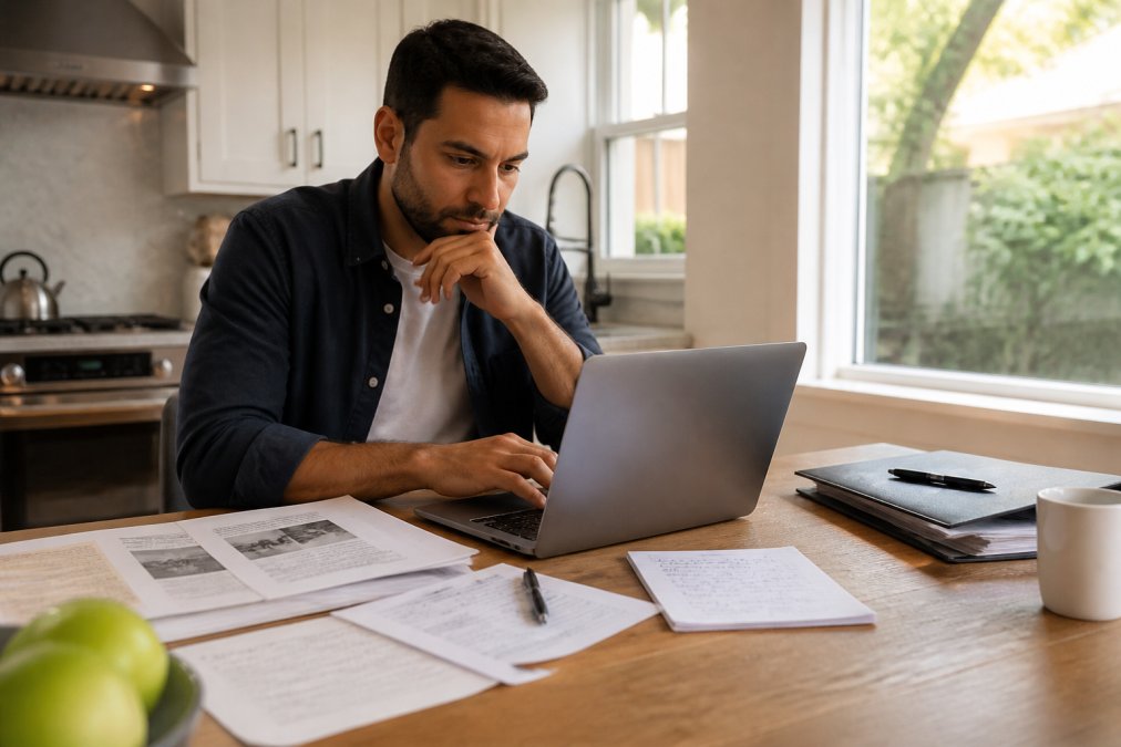 Homeowner reviewing contractor information on a laptop at a kitchen table, with printed estimates and handwritten notes spread across the surface, natural afternoon light streaming through a window