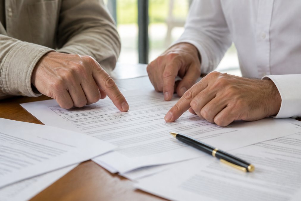 Close-up of two pairs of hands pointing to specific contract clauses and terms across a table, with a pen nearby and documents spread out, warm office lighting