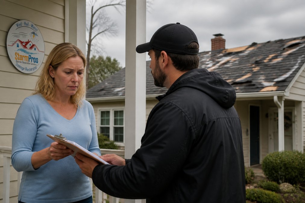 Homeowner speaking with a suspicious contractor as part of local contractors vs storm chasers concerns