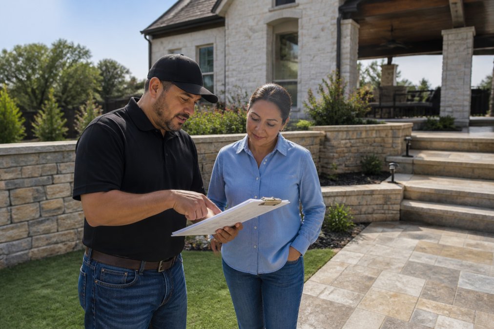 Experienced hardscape contractor and homeowner standing outdoors reviewing site plans on clipboard, discussing layout and design details with the property visible behind them in natural daylight