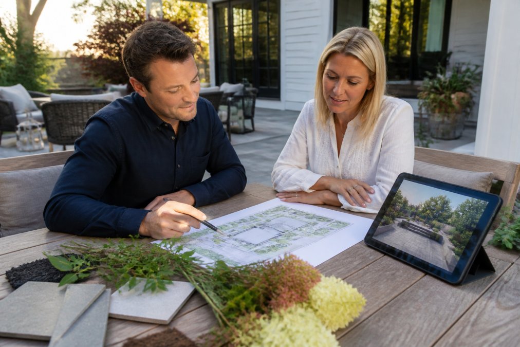 Homeowner and designer reviewing local landscape design plans and 3D renderings at an outdoor patio table