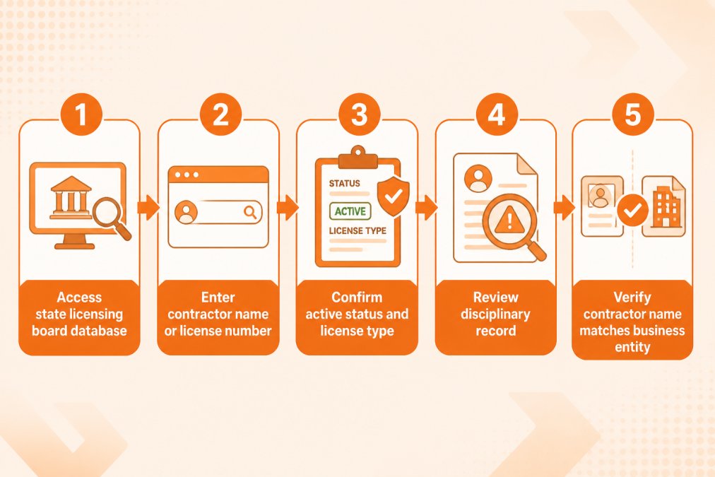 Flowchart showing verification process: Step 1 - Access state licensing board database → Step 2 - Enter contractor name or license number → Step 3 - Confirm active status and license type → Step 4 - Review disciplinary record → Step 5 - Verify contractor name matches business entity