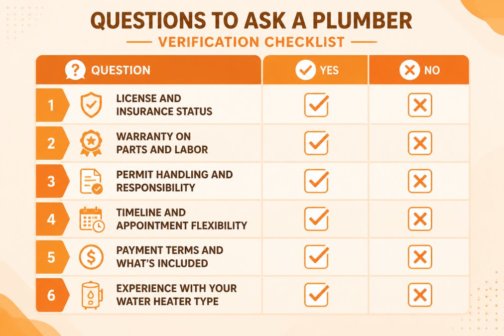 Verification checklist matrix showing essential questions to ask: 1) License and insurance status - Yes/No box, 2) Warranty on parts and labor - Yes/No box, 3) Permit handling and responsibility - Yes/No box, 4) Timeline and appointment flexibility - Yes/No box, 5) Payment terms and what's included - Yes/No box, 6) Experience with your water heater type - Yes/No box