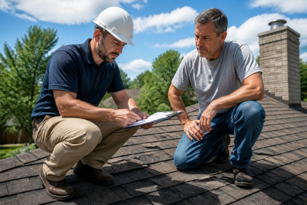 Professional contractor and homeowner standing on residential roof during inspection, reviewing documentation and discussing roofing condition in bright daylight