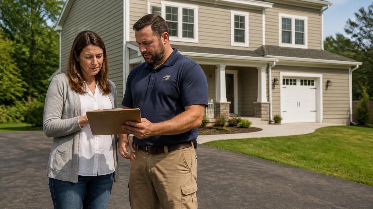 A homeowner and a siding contractor standing in a driveway reviewing a clipboard of questions together, a two-story house with new vinyl siding behind them, soft afternoon light