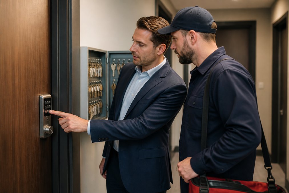 Property manager showing a smart lock to a technician when hiring locksmiths for property management solutions.