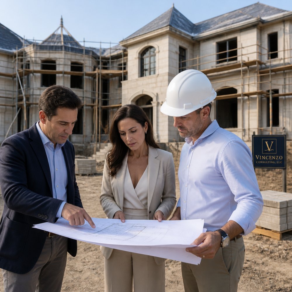 Professional construction consultant in business casual attire standing on an active luxury home construction site, reviewing architectural blueprints with a homeowner in business dress and an architect wearing a hard hat, natural daylight illuminating the multi-story residential structure in background