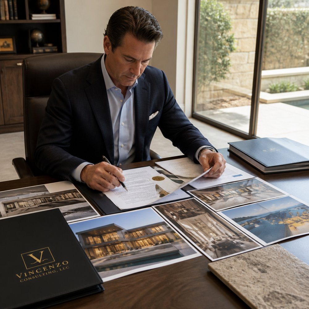 Consultant in professional attire seated at desk reviewing contractor credentials, certifications, and project portfolios displayed across multiple documents and laptop screen, natural office lighting with windows in background