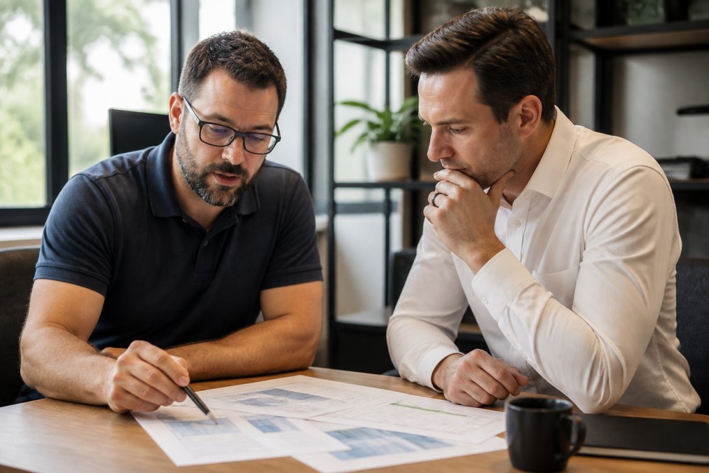 Professional IT consultant and business owner reviewing infrastructure documentation and security measures in modern office with natural lighting