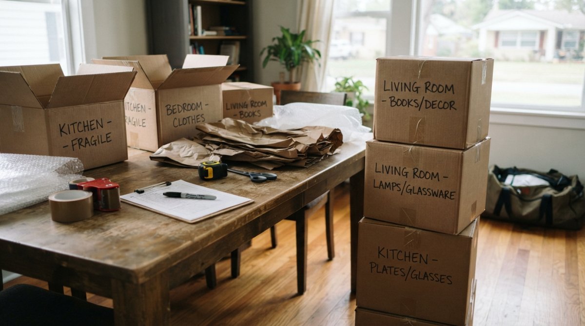 Hiring Movers for Short Distance Relocation: A 2026 Guide 1 Well-organized apartment room with labeled moving boxes stacked neatly, packing materials like bubble wrap and tissue paper visible on a table, and a person wrapping a framed picture in protective brown kraft paper