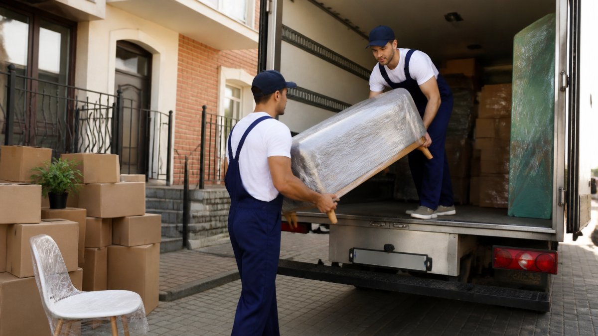 Professional moving crew carefully loading household furniture and boxes into a moving truck, with team members using proper lifting techniques and communicating while securing items