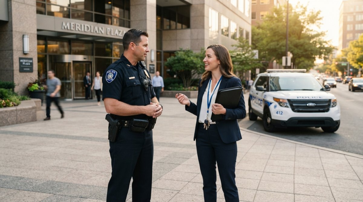 A uniformed police officer in a professional stance speaking with a property manager at a commercial building entrance, a marked security vehicle visible in the background under late afternoon light