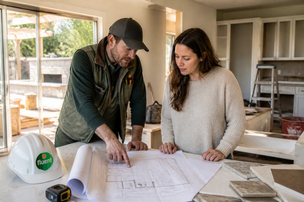 Professional contractor in work attire reviewing architectural plans and discussing renovation scope with homeowner in kitchen space undergoing renovation, with materials and tools visible in background