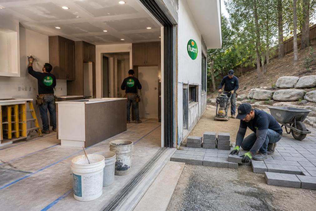 Active construction site showing interior kitchen renovation with drywall and fixtures in progress alongside outdoor patio hardscaping work, with crews working in both areas, demonstrating simultaneous project phases