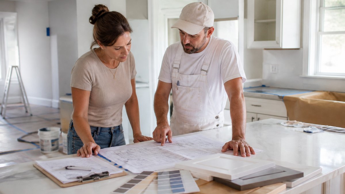 A homeowner and a contractor in work clothes reviewing renovation plans on a kitchen island in a bright home under renovation, with paint samples and a clipboard visible