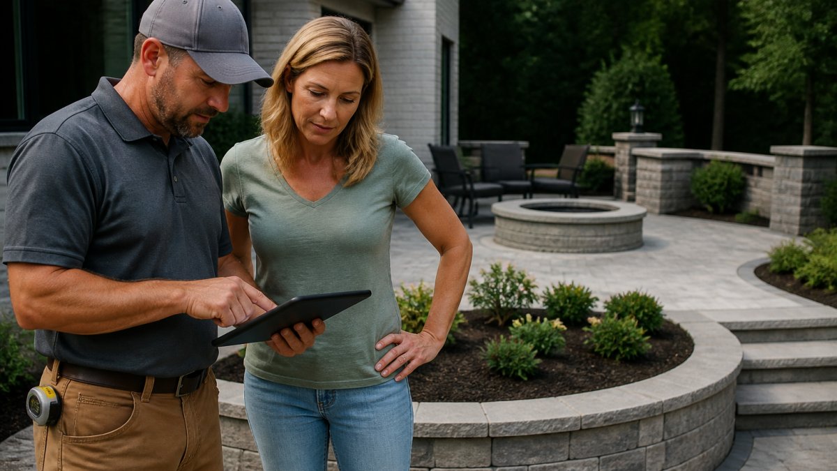 Contractor and homeowner reviewing project plans and schedule on tablet at residential property with completed hardscaping visible in background