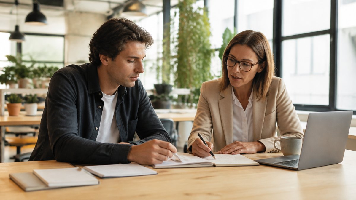 Startup founder and operations consultant reviewing process notes and laptop data in a bright open-plan office